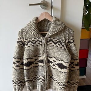 Vintage Cowichan Cardigan Wool Thunderbird Sweater, Tan & Brown, Small
